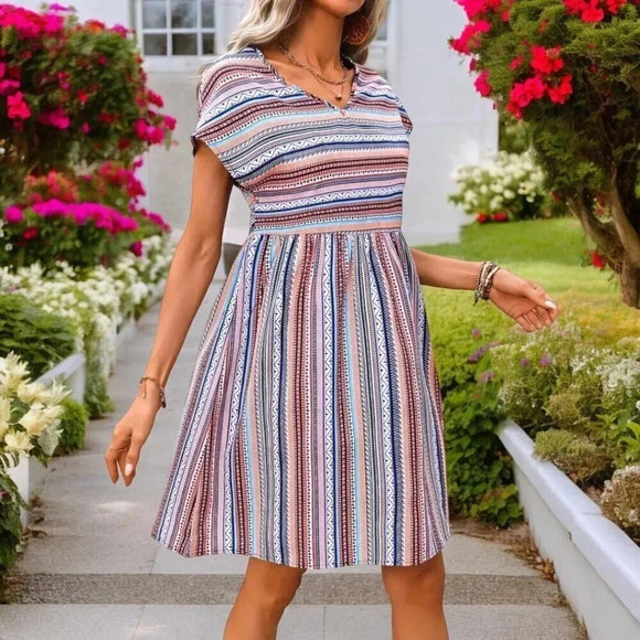 🆕️Sun-Kissed Stripes Boho Chic V-Neck Summer Colorful Fashion Trendy Midi Dress - Picture 8 of 13